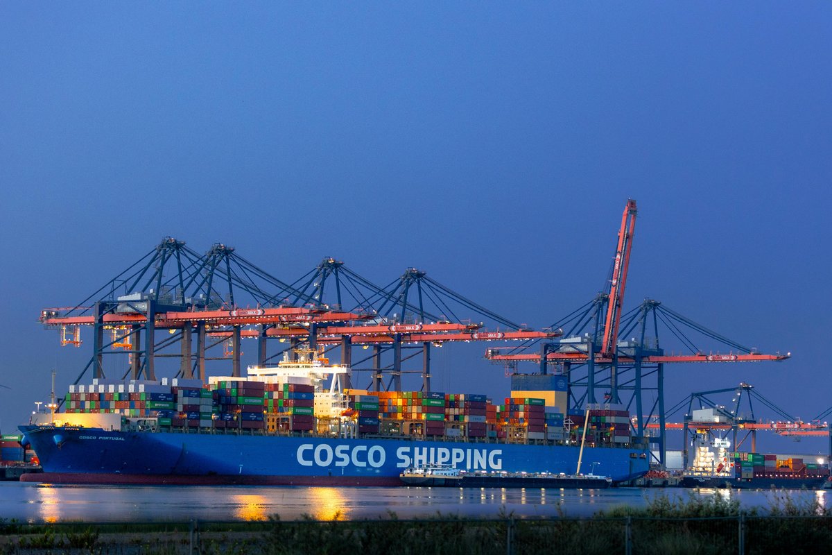 A container ship being loaded at a port at dusk under gantry cranes — production systems operating at scale