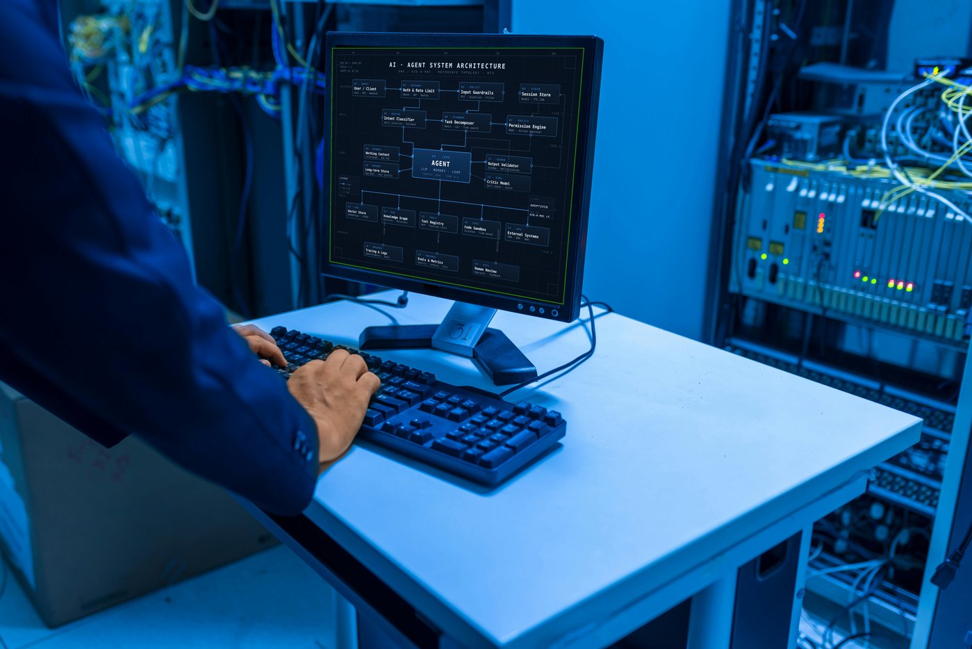 A specialist at a workstation in a server room, reviewing an AI agent system architecture on the monitor — expert-level architecture review