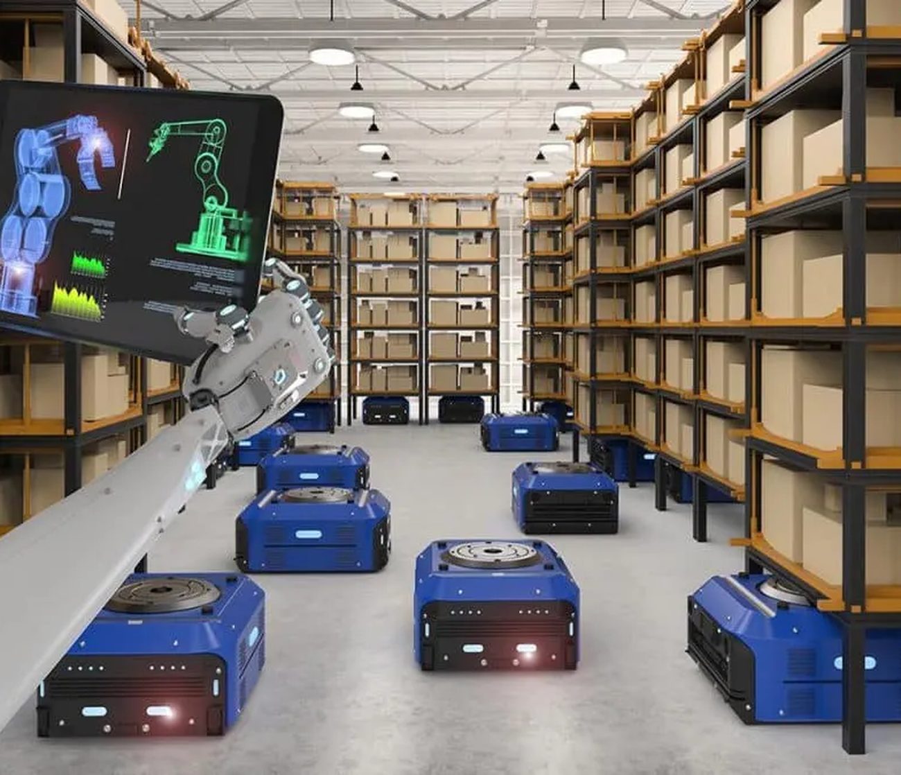 AI-powered robotics and automation operating in a modern enterprise warehouse